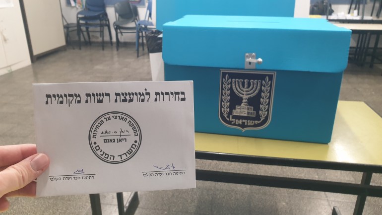 HOLON, ISRAEL. February 27, 2024. Municipal elections in Israel, illustrative conceptual images made at ballot station with party ballots and candidates' ballots.