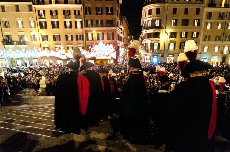 In Rome, Italy, on December 2, 2024, the tree signed Bulgari on the steps of Trinita dei Monti and the lights of Via Condotti are lit. The ribbon cutting is attended by the mayor of Rome, Roberto Gualtieri, the councilor for major events, Alessandro Onorato, the CEO of Bulgari, J.C. Babin, Gianni Letta, and the actors Carolina Crescentini and Alessandro Gassman. (Photo by Andrea Ronchini/NurPhoto via Getty Images)