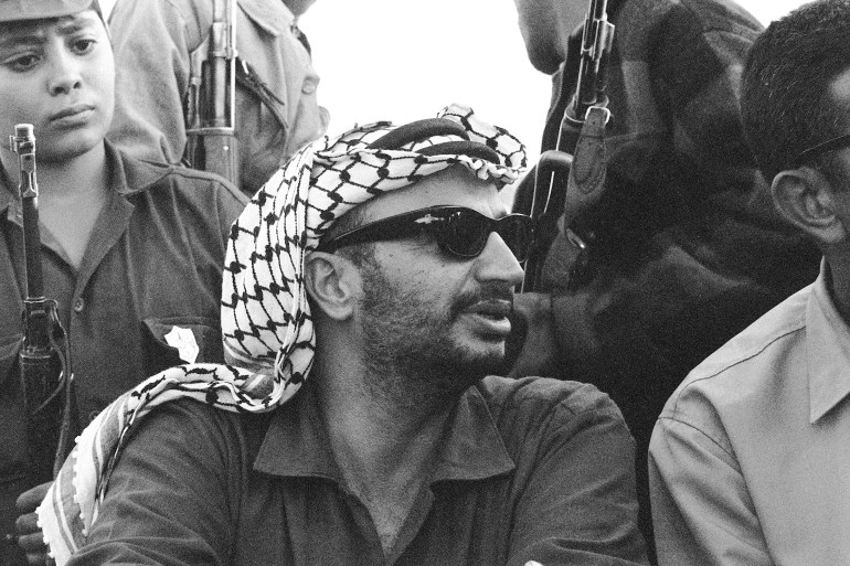 The Palestine Liberation Organization (PLO) chairman Yasser Arafat attends a ceremony marking the end of a military training, August 17, 1970. Yasser Arafat founded the Palestine Liberation Movement or Fatah in Kuwait in 1959 and gained control over the PLO in 1969. (Photo by AFP)