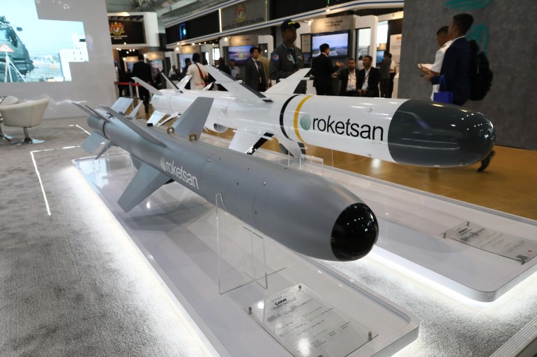 Roketsan’s missiles, the Cakir, left, and Atmaca, right, at the Langkawi International Maritime and Aerospace Exhibition in Langkawi, Malaysia on May 23, 2023 [Ahmet Turhan Altay/Anadolu Agency via Getty]