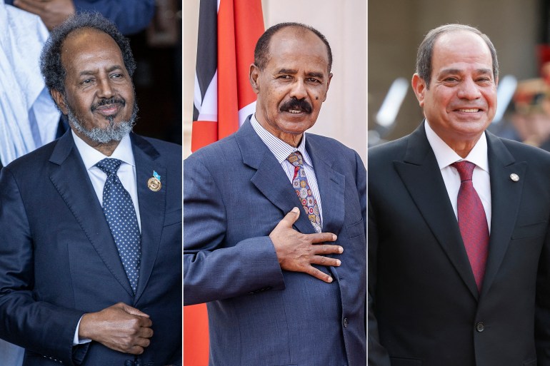 (COMBO) This combination of file pictures created on October 10, 2024 shows (L to R) President of Somalia Hassan Sheikh Mohamud arrives for a group photograph before the opening ceremony of the 37th Ordinary Session of the Assembly of the African Union (AU) at the AU headquarters in Addis Ababa on February 17, 2024, President of Eritrea Isaias Afwerki gestures after a joint press conference at the State House in Nairobi, Kenya on February 9, 2023, and President of Egypt Abdel Fattah al-Sisi upon his arrival for an official dinner at the Elysee Palace, on the sidelines of the New Global Financial Pact Summit, in Paris, on June 22, 2023. - The leaders of Egypt, Eritrea and Somalia were due to hold a three-way summit in Asmara on October 10, 2024 against a backdrop of heightened tensions in the Horn of Africa region. Concerns about security and stability in the volatile area have mounted since Ethiopia in January, 2024 signed a controversial deal with the breakaway Somali region of Somaliland, giving it long-sought access to the sea. (Photo by AFP)