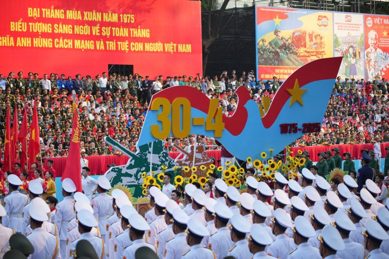 A float depicting a tank is carried in a parade celebrating the 50th anniversary of the end of the Vietnam War in Ho Chi Minh City, Vietnam, Wednesday, April 30, 2025. (AP Photo/Achmad Ibrahim)