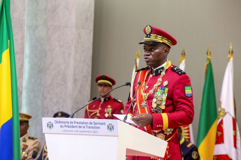 دور ليبي ومسجد "مغربي".. كيف أسلم بونغو وانتشر الإسلام بالغابون؟ 1 Gabon coup leader General Brice Oligui Nguema speaks after being sworn in as interim president during his swearing-in ceremony, in Libreville, Gabon, September 4, 2023. REUTERS/Stringer NO RESALES. NO ARCHIVES