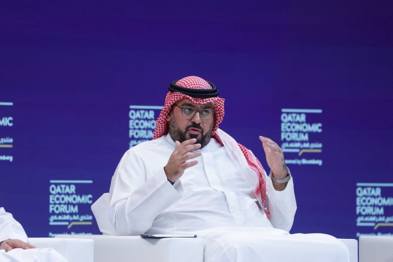 منتدى قطر الاقتصادي يناقش الفرص الاستثمارية بالمنطقة والعالم 1 Saudi Arabia's Economy Minister Faisal F. Alibrahim speaks during a session in the Qatar Economic Forum in Doha on May 20, 2025. (Photo by Karim JAAFAR / AFP)