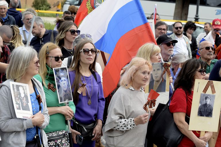 بالصور.. روسيا وأوروبا تحييان ذكرى الانتصار على النازية 12 ROME, ITALY - MAY 4: Russian people and sympathizers gather in Piazza Ugo La Malfa to celebrate the Immortal Regiment on the anniversary of the Soviet victory over Nazi Germany with photos of the fighters, Soviet banners and St George's ribbon on May 4, 2025 in Rome, Italy. The event, which started in Russia on the fringes of Victory Day (on May 9), celebrates Russia's defeat of Nazism and aims to "immortalize" the memory of World War II veterans. (Photo by Simona Granati - Corbis/Corbis via Getty Images)