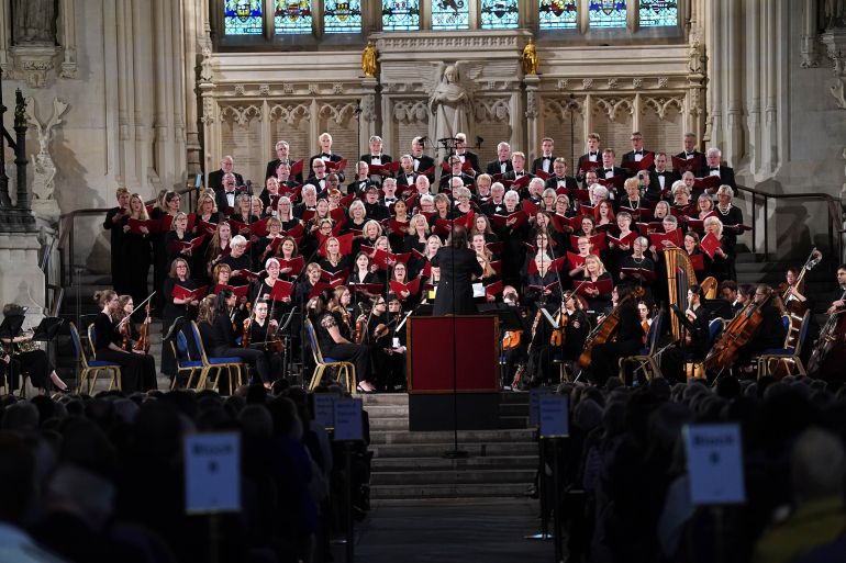 بالصور.. روسيا وأوروبا تحييان ذكرى الانتصار على النازية 4 The Parliament Choir and Sinfonia Smith Square performing in Westminster Hall in the Palace of Westminster in London, London during a VE Day anniversary concert. Picture date: Wednesday May 7, 2025. (Photo by Stefan Rousseau/PA Images via Getty Images)