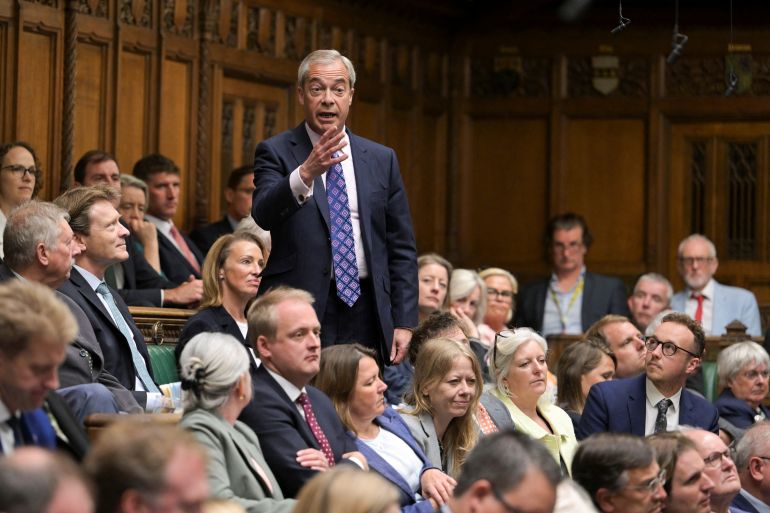 خطة ستارمر.. حتى لا تتحول بريطانيا إلى جزيرة للغرباء 3 A handout photograph released by the UK Parliament shows President and MP for Reform UK party Nigel Farage speaking during Prime Minister's Questions (PMQ) session in the House of Commons, in central London, on May 14, 2025.