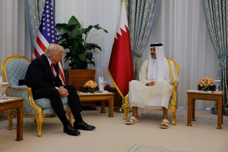 بالصور.. كيف استقبلت الدوحة الرئيس ترامب؟ 6 U.S. President Donald Trump meets Qatar's Emir Tamim bin Hamad Al Thani, in Doha, Qatar, May 14, 2025. REUTERS/Brian Snyder